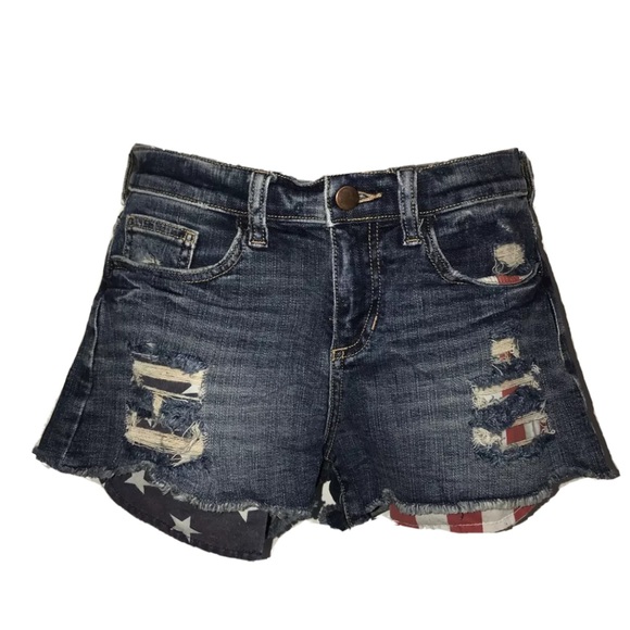 Harper Pants - Harper distressed flag denim shorts.